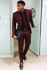 Fashion Burgundy Mens Suits Business Suits Slim Fit One Button Prom Outfits (Blazer Pants)