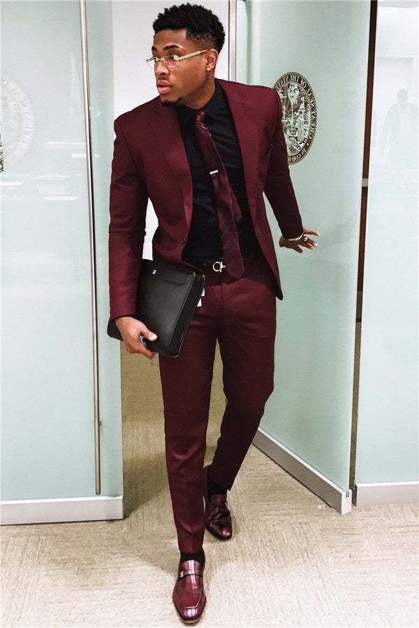 Fashion Burgundy Mens Suits Business Suits Slim Fit One Button Prom Outfits (Blazer Pants)