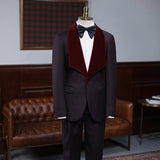 Fashion Burgundy Two-pieces With Velvet Lapel Wedding Suit For Grooms-Ballbella