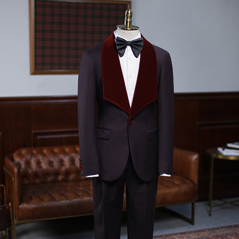 Fashion Burgundy Two-pieces With Velvet Lapel Wedding Suit For Grooms-Ballbella