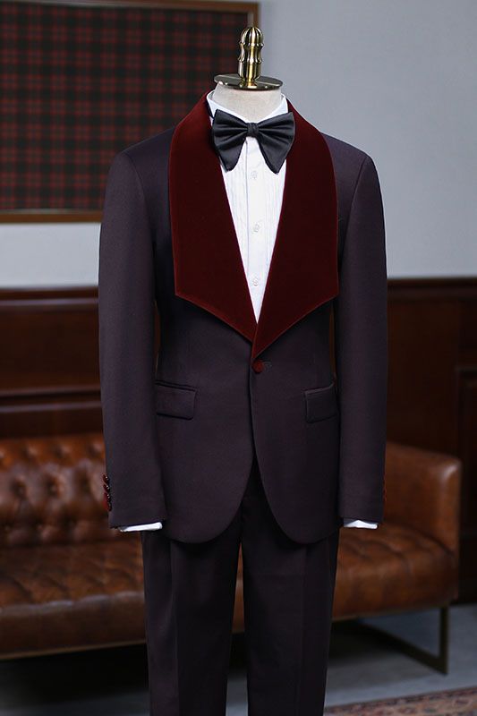 Ballbella is your ultimate source for Fashion Burgundy Two-pieces With Velvet Lapel Wedding Suit For Grooms. Our Burgundy Shawl Lapel wedding groom Men Suits come in Bespoke styles &amp; colors with high quality and free shipping.