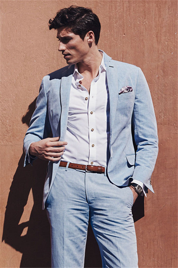 Ballbella made this Fashion Casual Sky Blue Summer Men Suits, Two-pieces Linen Beach Wedding Suits for Men with rush order service. Discover the design of this Sky Blue Solid Notched Lapel Single Breasted mens suits cheap for prom, wedding or formal business occasion.