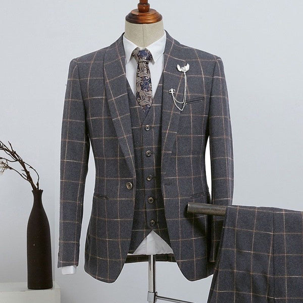 Fashion Dark Gray Plaid Three-pieces Slim Fit Custom Business Suit-Ballbella