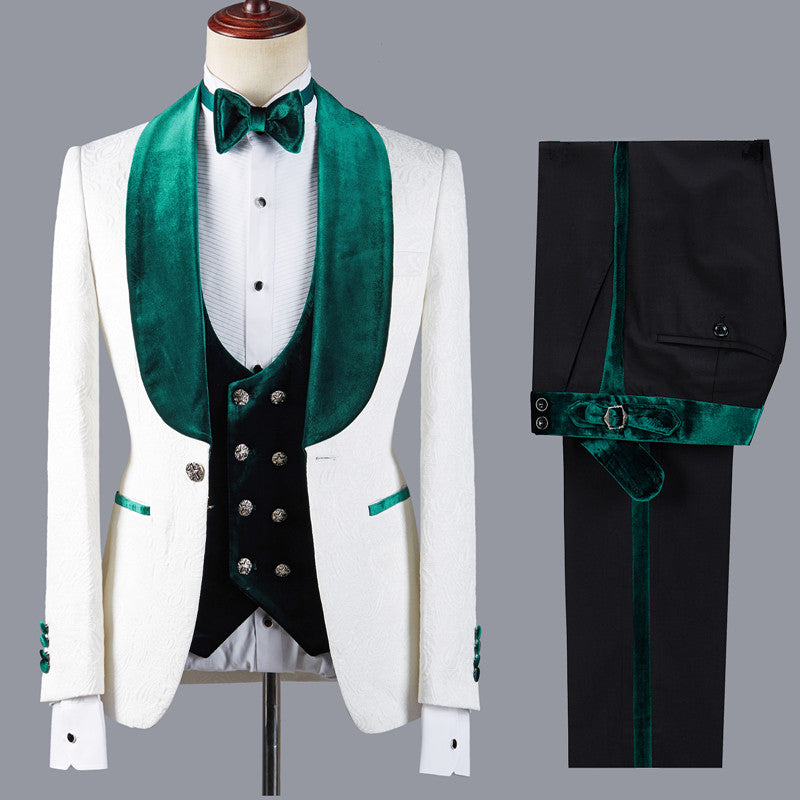 Ballbella is your ultimate source for Fashion Jacquard Three Pieces White Wedding Suit with Green Lapel. Our White Shawl Lapel wedding groom Men Suits come in Bespoke styles &amp; colors with high quality and free shipping.