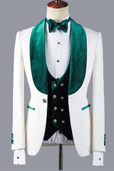 Ballbella is your ultimate source for Fashion Jacquard Three Pieces White Wedding Suit with Green Lapel. Our White Shawl Lapel wedding groom Men Suits come in Bespoke styles &amp; colors with high quality and free shipping.