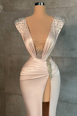 Fashion Long V-neck Split Front Mermaid Evening Prom Dresses With Rhinestones-Ballbella
