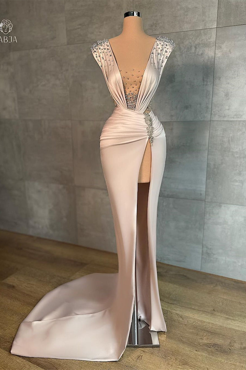 Fashion Long V-neck Split Front Mermaid Evening Prom Dresses With Rhinestones-Ballbella