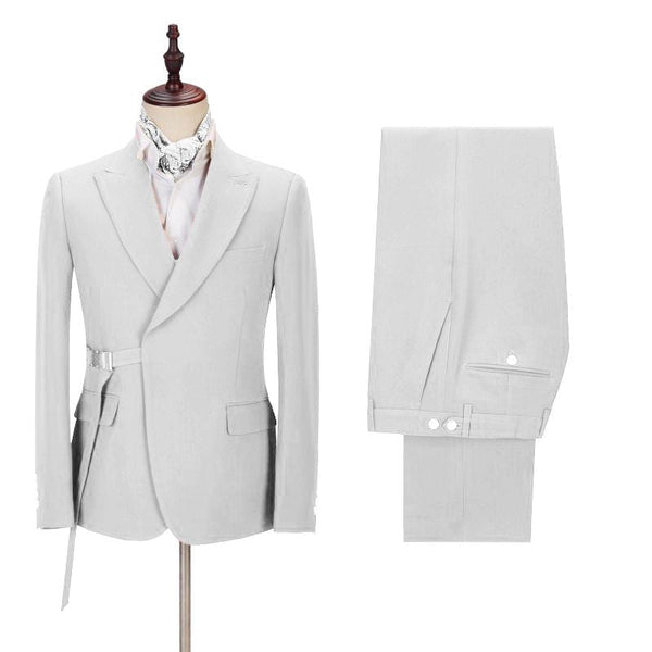 Fashion Peaked Lapel Silver Men Suits with Adjustable Buckle-Ballbella