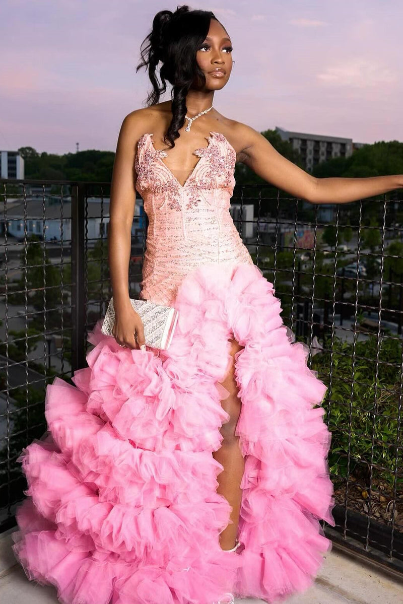 Fashion Pink Sweetheart Tiered Side Slit Appliques Prom Dress
