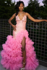 Fashion Pink Sweetheart Tiered Side Slit Appliques Prom Dress-Ballbella
