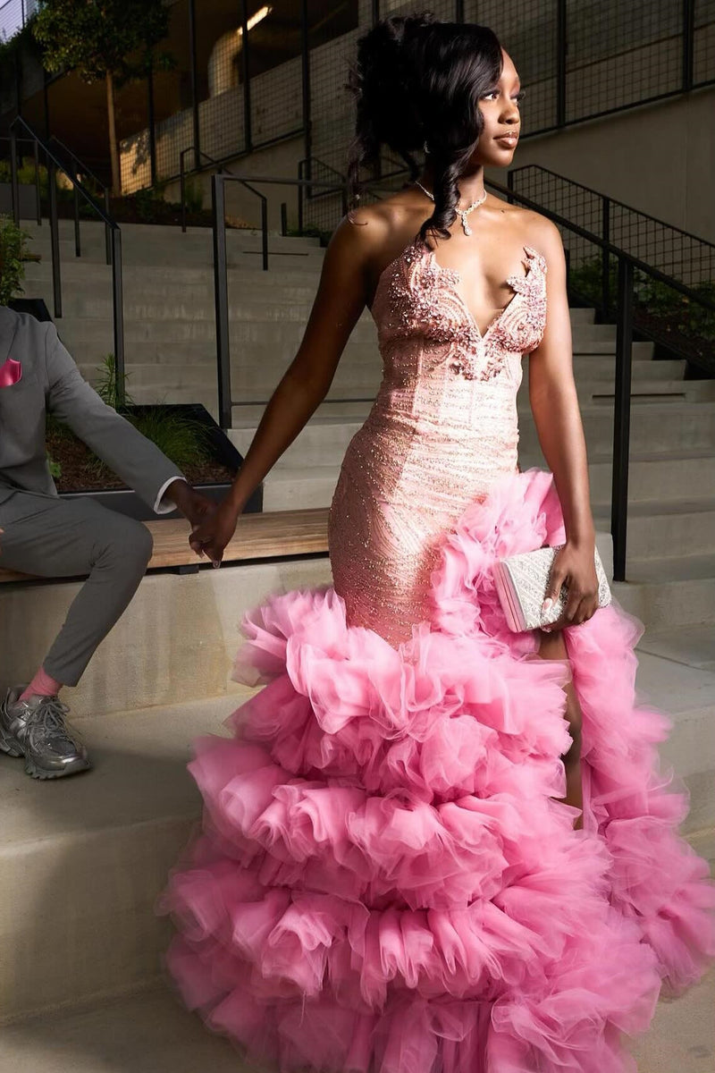Fashion Pink Sweetheart Tiered Side Slit Appliques Prom Dress Fashion Pink Sweetheart Tiered Side Slit Appliques Prom Dress
