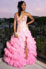 Fashion Pink Sweetheart Tiered Side Slit Appliques Prom Dress-Ballbella