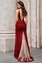 Fashion Red Lace Side Slit Sleeveless Sheer Tulle Prom Dresses-Ballbella