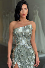 Fashion Silver Sequin Asymmetric neckline High split Prom Dress-Ballbella