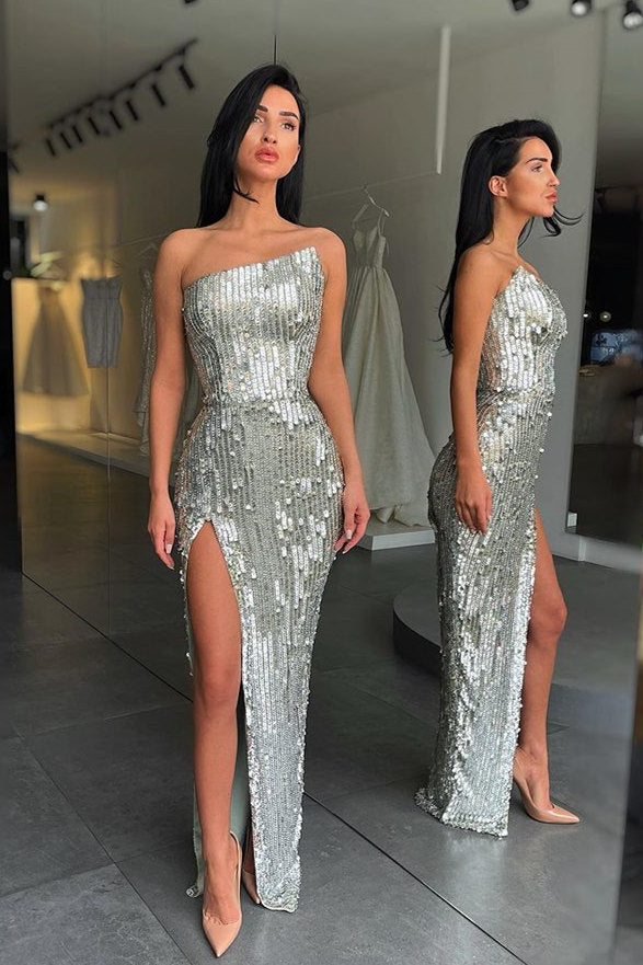 Fashion Silver Sequin Asymmetric neckline High split Prom Dress-Ballbella
