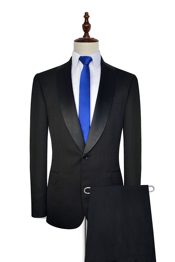 Fashion Small Check Pattern Jacquard Wedding Suits for Groom Black Mens Marriage Suits-Ballbella