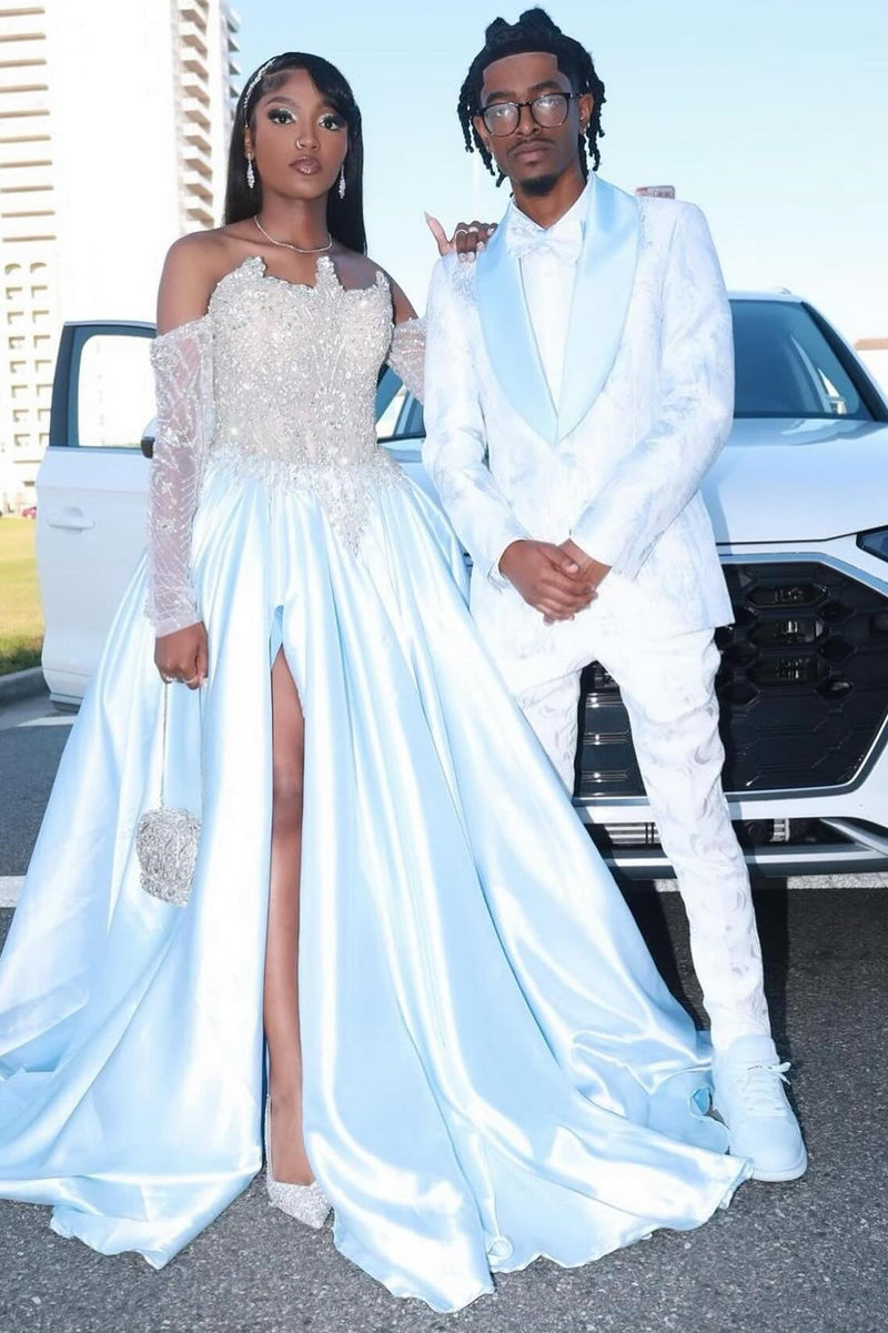 Fashion White Off Shoulder A-Line Side Slit Lace Prom Dress-Ballbella