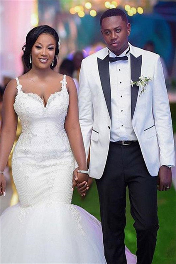 Fashion White One Button Peaked Lapel Wedding Groom Suits-Ballbella