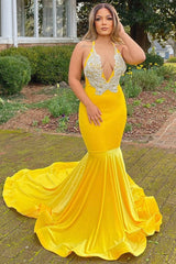 Fashion Yellow Halter Open Back Appliques Mermaid Prom Dress-Ballbella