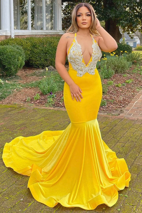 Fashion Yellow Halter Open Back Appliques Mermaid Prom Dress-Ballbella