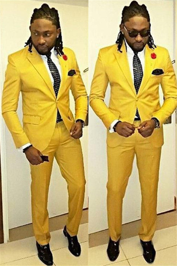 Fashion Yellow Peaked Lapel One Button Suits for Men-Ballbella