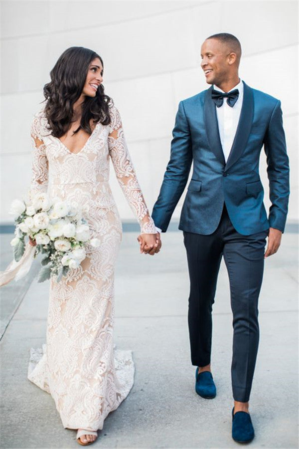 Fashionable Shawl Lapel Dark Green Groom Tuxedos Bespoke Fit Best Man Suit Wedding Mens Suit-Ballbella