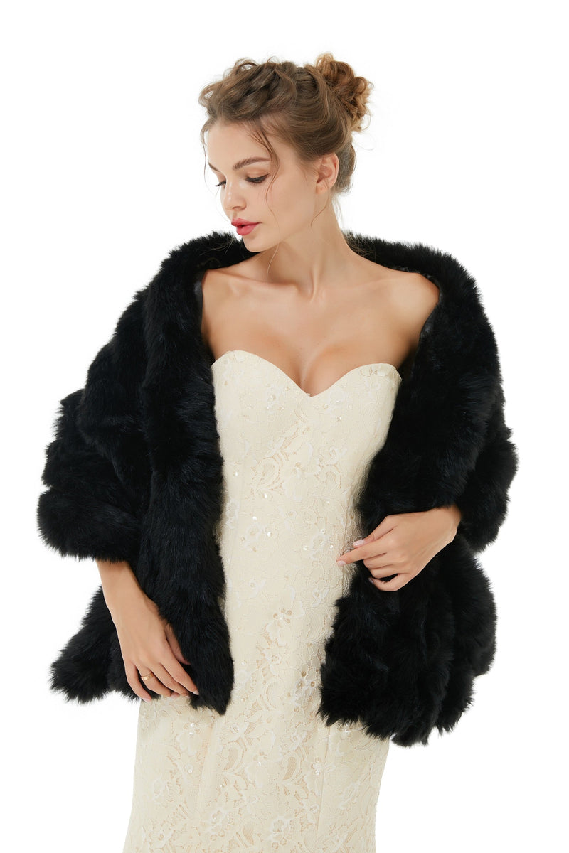 Faux Fur Wrap Black Women Faux Fur Shawl Wedding Wraps-Ballbella