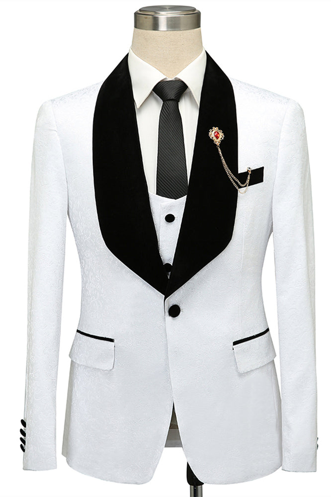 Buy Fernando White Jacquard One Button Wedding Men Suits with Black Lapel for men from Ballbella. Huge collection of Shawl Lapel Single Breasted Men Suit sets at low offer price &amp; discounts, free shipping &amp; made. Order Now.