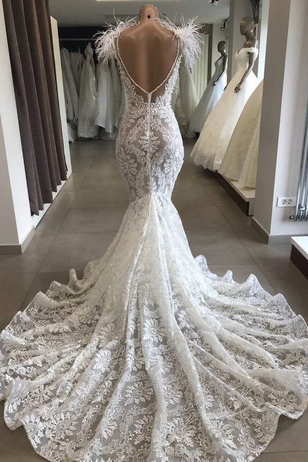 Fit and Flare Lace Crystals Necklace Wedding Dresses Open Back Bridal Gowns with Feather Fit and Flare Lace Crystals Necklace Wedding Dresses Open Back Bridal Gowns with Feather