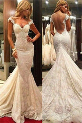 Fit and Flare Lace Wedding Dresses Sheer Tulle Back Wholesale Bridal Gowns with Chapel Train-Ballbella