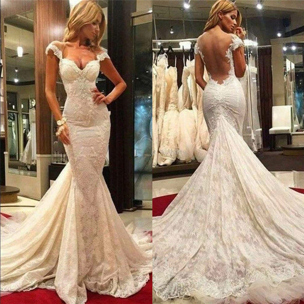 No idea what to wear for your big day? Ballbella custom made you this Fit and Flare Lace Wedding Dresses with Chapel Train at factory price.