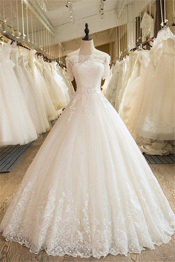 Floor Length Applique Ball Gown Off the Shoulder Lace Tulle 1/2 Sleeves Wedding Dresses-Ballbella