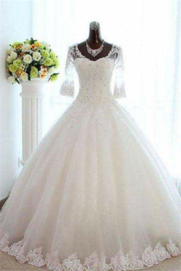 Floor Length Tulle Ball Gown Beading V neck 3/4 Sleeves Bateau Wedding Dresses-Ballbella