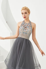 Floral Halter Evening Dress with Sparkle Beads Trendy Gray Mother of the bride Dress with watermelon and blue decorations-Ballbella