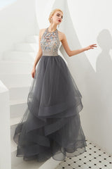 Floral Halter Evening Dress with Sparkle Beads Trendy Gray Mother of the bride Dress with watermelon and blue decorations-Ballbella