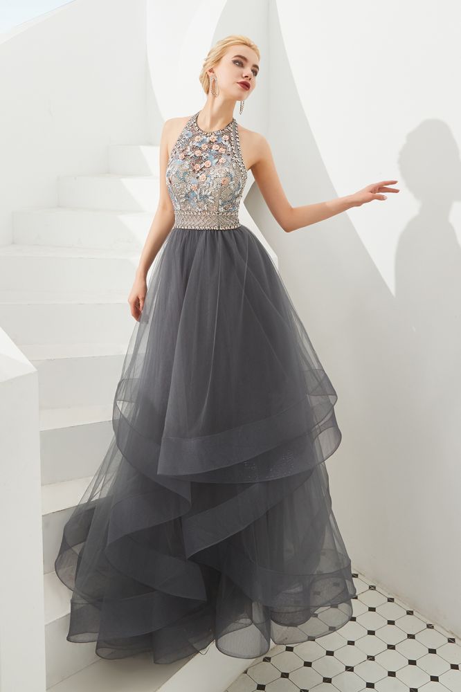 Floral Halter Evening Dress with Sparkle Beads Trendy Gray Mother of the bride Dress with watermelon and blue decorations-Ballbella