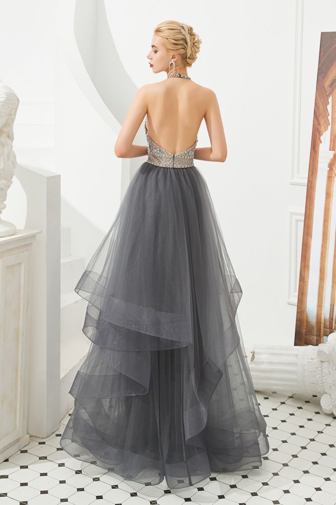 Floral Halter Evening Dress with Sparkle Beads Trendy Gray Mother of the bride Dress with watermelon and blue decorations-Ballbella