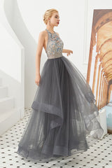 Floral Halter Evening Dress with Sparkle Beads Trendy Gray Mother of the bride Dress with watermelon and blue decorations-Ballbella