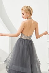 Floral Halter Evening Dress with Sparkle Beads Trendy Gray Mother of the bride Dress with watermelon and blue decorations-Ballbella