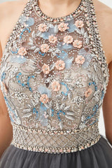 Floral Halter Evening Dress with Sparkle Beads Trendy Gray Mother of the bride Dress with watermelon and blue decorations-Ballbella