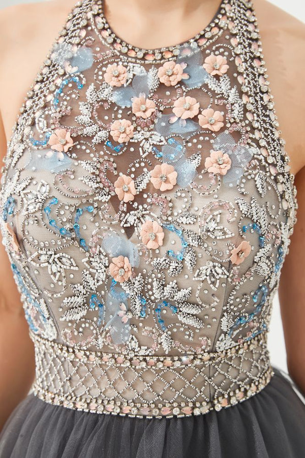 Floral Halter Evening Dress with Sparkle Beads Trendy Gray Mother of t –  Ballbella