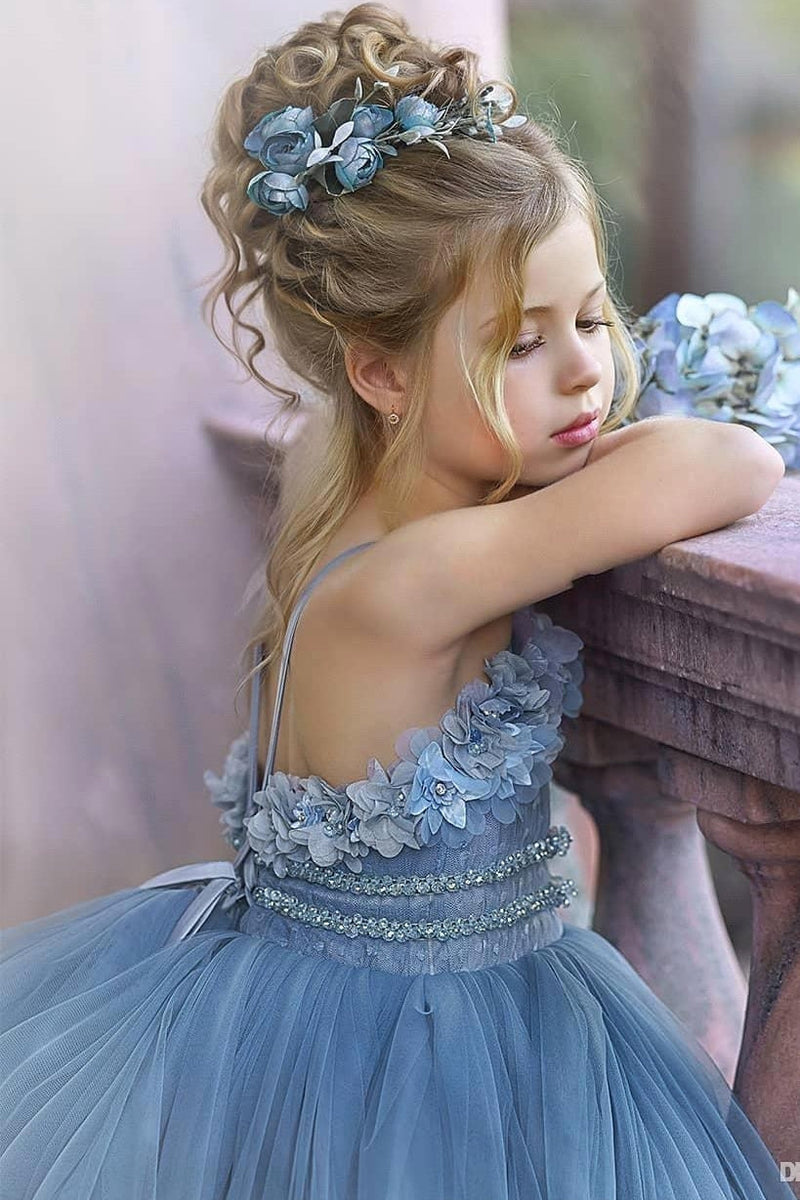 Floral Strapless Dusty Blue Ruffles Puffy Princess Flower Girl Dresses, Dusty Blue / 2 Floral Strapless Dusty Blue Ruffles Puffy Princess Flower Girl Dresses, Dusty Blue / 2