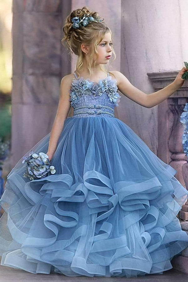 Floral Strapless Dusty Blue Ruffles Puffy Princess Flower Girl Dresses, Dusty Blue / 2