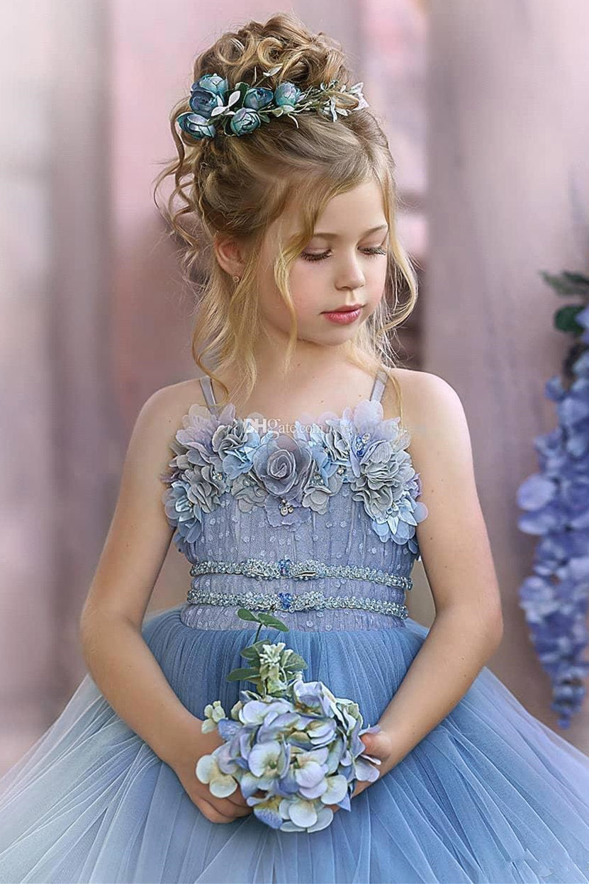 Floral Strapless Dusty Blue Ruffles Puffy Princess Flower Girl Dresses, Dusty Blue / 2