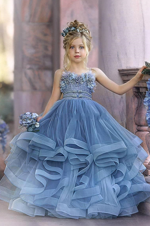 Floral Strapless Dusty Blue Ruffles Puffy Princess Flower Girl Dresses-Ballbella