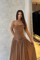 Flowing Coffee Strapless Sleeveless Chiffon Prom Dress A-Line Long With Pleats-Ballbella