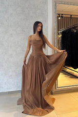 Flowing Coffee Strapless Sleeveless Chiffon Prom Dress A-Line Long With Pleats-Ballbella