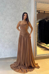 Flowing Coffee Strapless Sleeveless Chiffon Prom Dress A-Line Long With Pleats-Ballbella