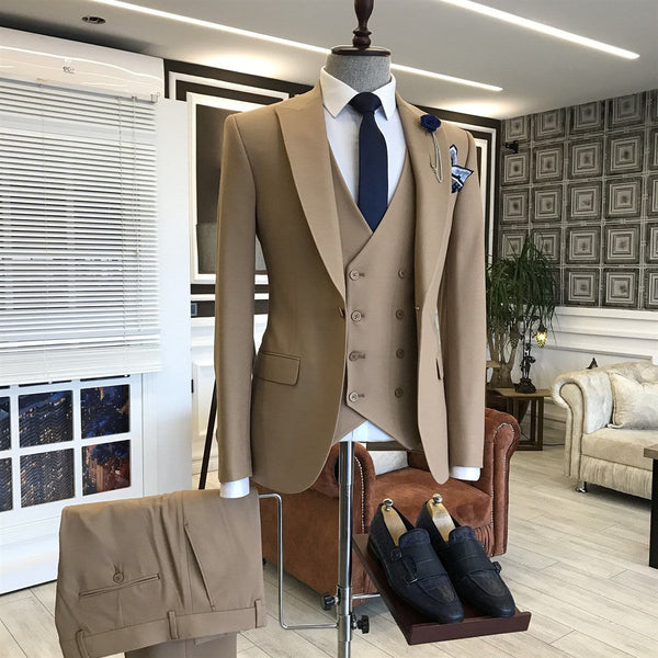 Formal 3-pieces Solid Brown Peaked Lapel Men Business Suits-Ballbella