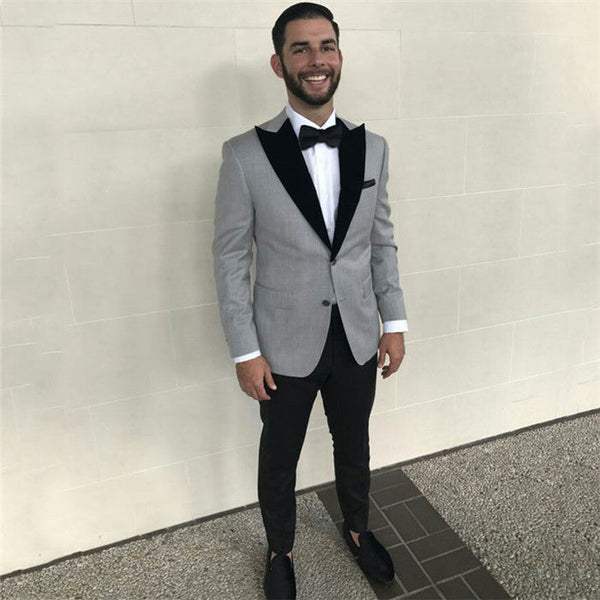 Formal Grey Slim Fit Business Mens Suits with Black Peaked Lapel-Ballbella